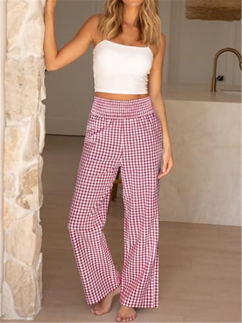 Women's Red Palazzo Pants, Striped & Gingham, Lounge & Casual, Lounge Pants - Picture 5 of 11